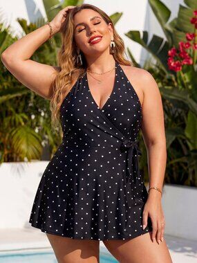 🩱 Ocean Blues Black Polka Dot Halter Swimdress NWT XL 🖤